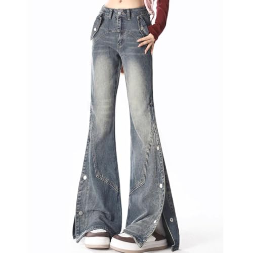 Casual Straight Leg High Waisted Y2K Jeans Fashion Gradual Patchwork Sides Buttoned Split Flared Denim Pants4