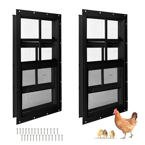COLORPAPA Chicken Coop Windows 2 Pack, Flush Mount Shed Windows for Chicken Coops, Poultry, Pet Hutch, Playhouses and Sheds, 12\" W x 18\" H (Black)