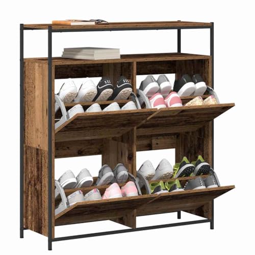 Armoire à chaussures peu encombrante en bois vieilli avec 4 compartiments de rangement