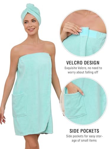 Image of Air Curvey Soft Wrap Towel for Women Lightweight Spa Body Wrap Shower Wrap Robe Adjustable Closure Bathrobe with Pocket Blue S /M
