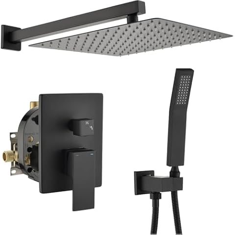 WELLFOR Matte Black 10-in Wall Mounted Shower Faucet Set Dual Head Built-In Shower Faucet System, 2.5 GPM, Bathroom Shower Faucets Sets Complete with 2-way Diverter & Pressure-balanced Valve Cover