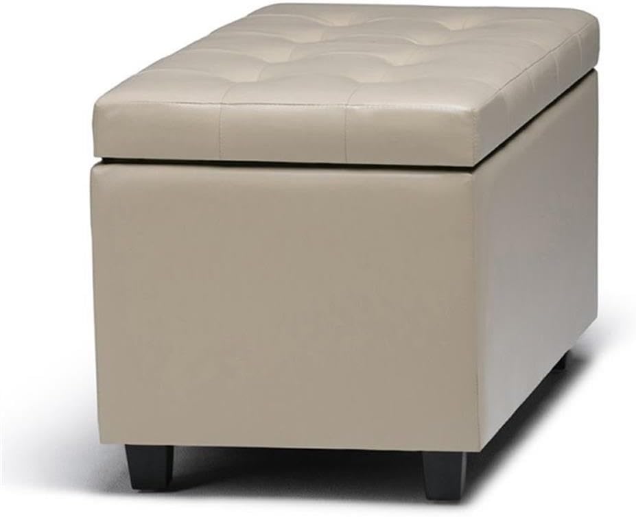 Pemberly Row Rectangle Storage Ottoman, 34" W x 18" D x 18" H, Satin Cream Faux Leather, Tufted Top, Large Interior Storage, Solid Wood Frame, Living Room Bench, Contemporary Accent Furniture