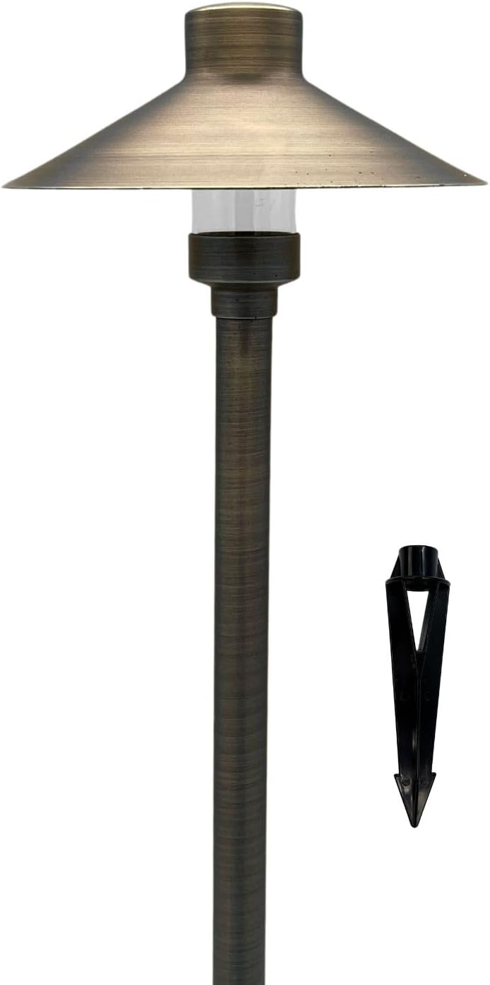 GLE Brass Outdoor Pathlight, 12 Volt LED Landscape Path Lighting with 6.5" Shade and 18" Stem, Ground Spike and Free 4 Watt G4 LED Bulb