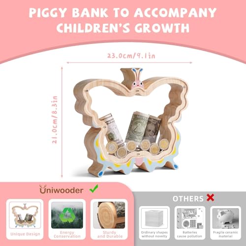 Image of Wooden Butterfly Piggy Bank for Kids, Butterfly Money Bank for Girls, Unbreakable Toddler Piggy Banks for Girls, DIY Kids Coin Bank with Stickers, Birthday Gifts, Educational Toy, Home Decor