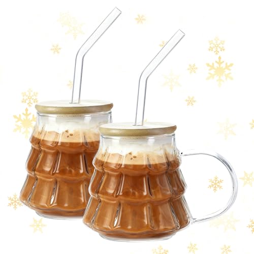 Lot de 2 verres à latte macchiato - Verres de Noël - 350 ml - Avec couvercle et paille - Verres à café, à thé avec anse - Verres à vin chaud - Cadeaux de Noël