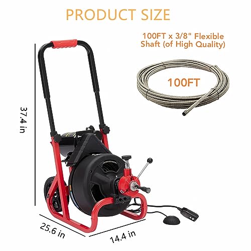 KIMORE Drain Cleaner Machine - 100Ft x 3/8 Inch, Auto-feed Electric Drain Auger for Plumbing with 6 Cutters, Glove, Commercial sewer snake Drill Drain Auger Cleaner for 2‘’- 4‘’(50-100mm) Pipes