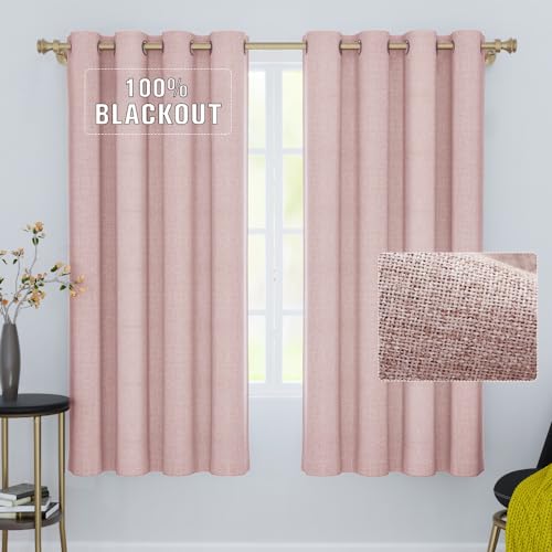 GRALI-DECOR Pink Linen Textured 100% Blackout Curtains Thermal Insulated Drapes for Bedroom/Living Room, Soundproof & Privacy Protection (52 x 63 inch, Pastel Pink, Set of 2) by GRALI-DECOR - Used condition - CA$38.42