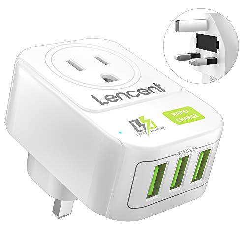 US to UK Travel Adapter, LENCENT Ground Charger Plug with 3 USB Power