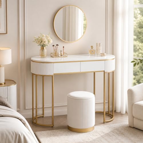 Makika Table de Maquillage/Coiffeuse avec Tabouret et Miroir - Maquillage Vanité Rangement Coiffure Cosmétique Commode Or Cadre Organisateur - Bijoux 2...