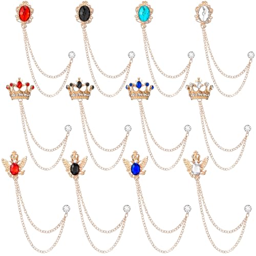 Liliaafar 12pcs Men\'s Suit Brooch Lapel Pins with Chains-crown & Wing Style Collar Clips for Formal Wear Decoration