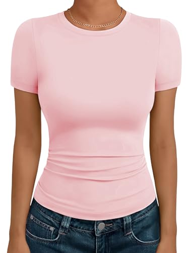Cuptacc Tshirt Damen Basics Rundhals Eng Feine Ribbed Shirt Sommer Lightweight Airy Casual Oberteile Kurzärmeliges Dehnbar Solid Top Rosa S
