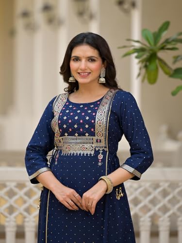 Image of Juniper Blue Solid Rayon Kurta with Sequins & Doris for Women and Girls
