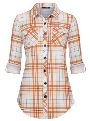 DJT womens soft stretch plaid shirt with roll-up sleeves