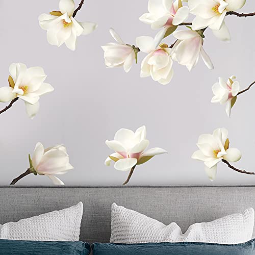 Runtoo 3D White Flower Wall Stickers Magnolia Floral Wall Art Decals for Girls Bedroom Living Room Wall Decor - Image 2
