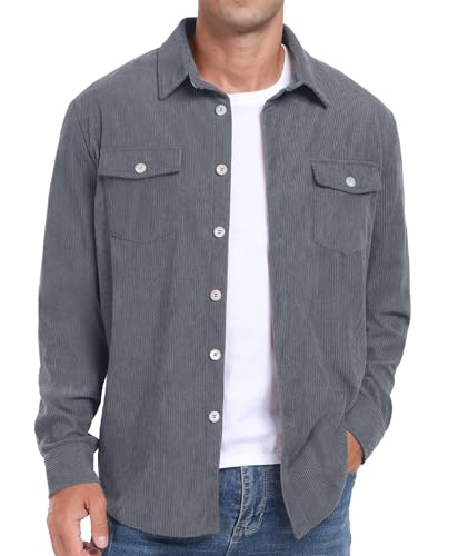 Image of Askdeer Men's Corduroy Button Down Shirts Long Sleeve Casual Shacket Jacket Western Corduroy Shirt Jacket with Flap Pockets