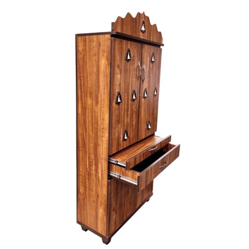 Image of 5 x 2.5 ft Wooden Pooja Mandir with Storage | Home Temple with Drawer & Stand | 30 inch L x 60 inch H x 12 inch D | Teak Wood Finish