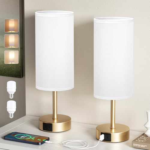 Aooshine Bedside Lamps Set of 2, Dimmable Lamp with White Shade, Small Touch Lamps for Living Room, Gold Base(Bulbs Included)
