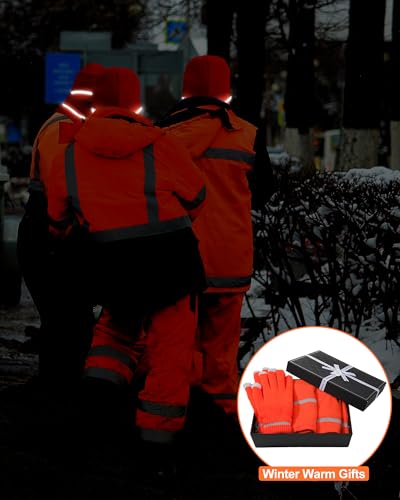 Shihanee 3 Pcs Men Hi Vis Thermal Beanie Hat Glove Neck Winter Warm Fleece Lined Reflective Stripes High Visibility Knit Cap(Orange) - Thumbnail 5
