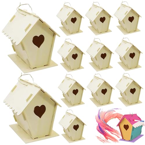 AwnsIMfreien Holz-Vogelhäuser, 12-teiliges Vogelhaus-Set, DIY unlackierte Holzhäuser, Herz- und Zaun-Vogelhaus mit Aufhängehaken, 4 x 4, 3 x 5, 5, für Erwachsene und Kinder zum Bauen, Haus