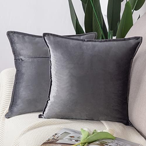 Madizz Pack of 2 Super Soft Velvet Decorative Cushion Covers with Fringe Luxury Style Cushion Case European Pillow Shell for Sofa Bedroom Square Grey 26x26 inch