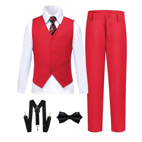 Boy's Formal Suit 7 Piece Slim Fit Tuxedo for Kids Teen Boys Jacket Vest and Pants Set for Wedding with Bow Tie Suspenders