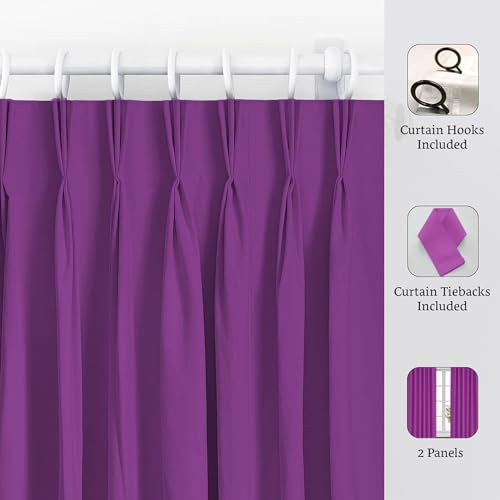 Image of Triple Pinch Pleated Blackout Curtains Thermal Insulated Room Darkening Curtains for Bedroom /Livingroom Pack of 2 Panels, Tiebacks, Hooks (Plum)