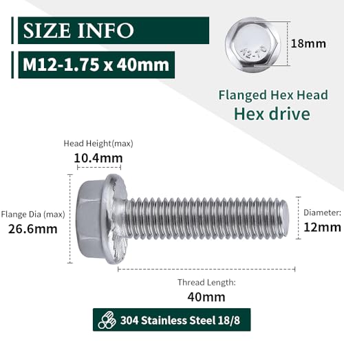 Image of M12-1.75 x 40mm Hex Flange Bolt (1.57 inch Thread Length), DIN6921, Serrated Locking Flange, 304 Stainless Steel, UNC Full Thread, 6-Pack