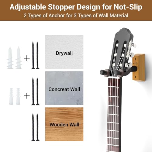 Ohuhu Guitar Wall Mount Hanger: 4-Pack Rotatable Hardwood Guitar Hangers with Screws-Adjustable Stopper Guitar Mount Hook Holder Stand for Ukulele Bass Electric Acoustic Guitar Banjo Mandolin-Wood