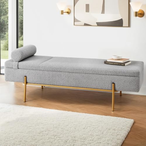 Artiss Upholstered Storage Ottoman, Foot Rest Stool Bench Padded Seat Bed Blanket Box Chest Footstool Bedroom Living Room Indoor, 140cm Length Boucle Fabric with Detachable Pillow Grey