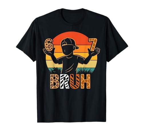 Retro 6 7 Bruh Funny Animal Print 67 Gift for Boy Kids T-Shirt