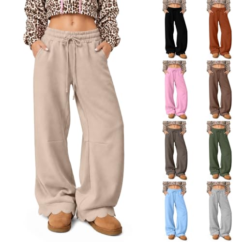 Barrel Pants Women Wide Leg Scalloped Pants Y2k Baggy Casual Winter Cotton | Barrel, High Waisted, Palazzo, with Pockets, Stretchy, Cute, Lightweight, Travel Outfits, Streetwear Khaki