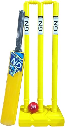 Image of Cricket Set, Plastic Cricket Bat, 3 Cricket Stumps with Base & Cricket Ball | Lightweight Durable Cricket Kit for Indoor & Outdoor Garden Games