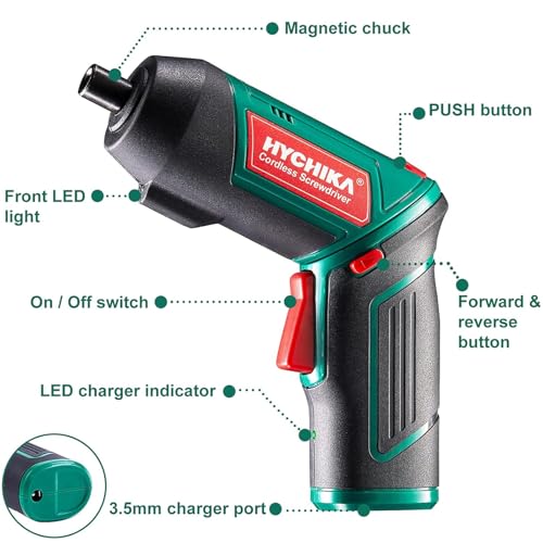 HYCHIKA Electric Screwdriver, 6N.m and 2000mAh 3.6V Cordless Screwdriver with 20 Accessories, Work Light, Charging Cable and Magnetic Chuck - Image 2