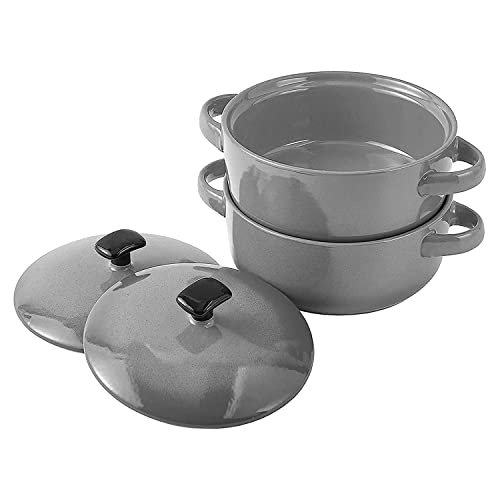 Bruntmor Bake & Serve Ceramic Soup Bowls With Handles and lids - 20 Ounce Set of 2, for soups, stews, cereal (Grey)
