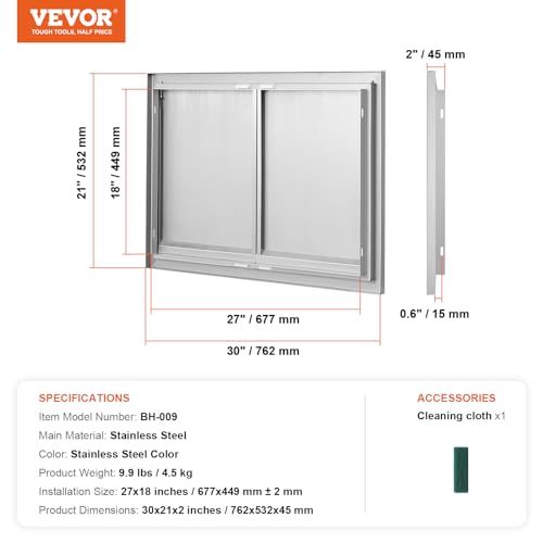 VEVOR BBQ Access Door, 30W x 21H Inch Double Outdoor Kitchen Door, Stainless Steel Flush Mount Door, Wall Vertical Door with Recessed Handles, for BBQ Island, Grilling Station, Outside Cabinet by VEVOR - Image 7