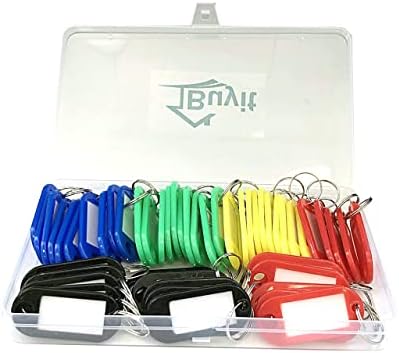 50 x Key Tags with Labels, Key Rings with Tags, Key Fobs with Labels, Name Tags, Plastic Key Labels, Spare Papers, in Handy Box, 5 Colours, for Luggage, ID, Name, Label for Home, Office, School