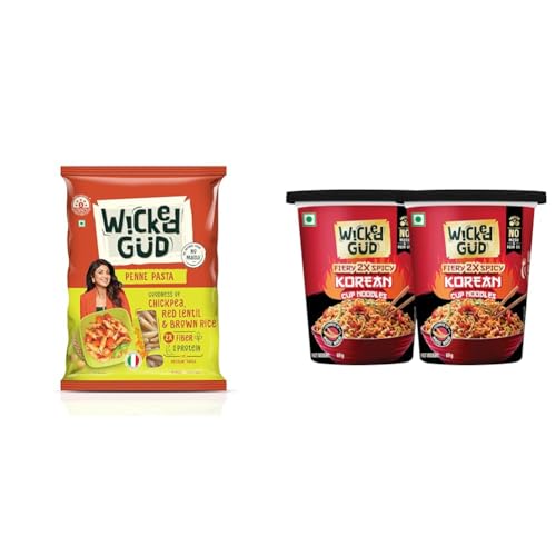Image of WickedGud 2X Fiber Penne Pasta | No Maida | Durum Wheat Semolina | Brown Rice | Red Lentils | + WickedGud Korean Cup Noodles Fiery 2X Spicy Pack of 2 | Whole Wheat | No maida | No Palm Oil |