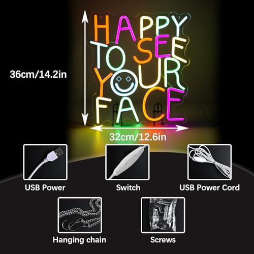 Image of Happy to See Your Face Neon Sign for Kindergarten - Dimmable Multicolor Welcome Light with Wired Controller, 14.2x12.6 in, Includes 4 Wall Anchors - Teacher Appreciation Gift