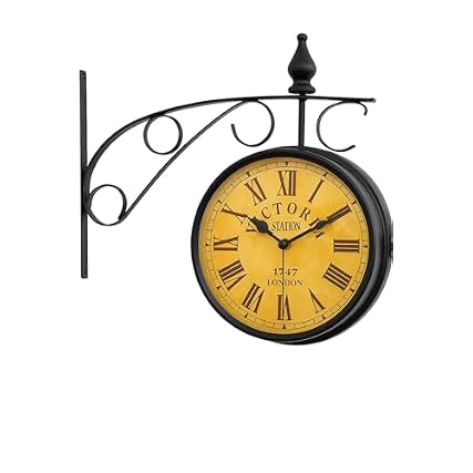 Vintage Victoria Station Double Sided Wall Clock – Black Iron Frame, Antique Roman Numerals, Retro