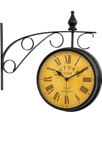 Vintage Victoria Station Double-Sided Wall Clock – Black Iron Frame, Antique Roman Numerals, Retro London Railway Style Hanging Clock for Home & Café Décor | Clock dial 10x3x10 |Stand 13.5x11