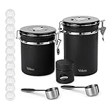 Veken Coffee Canister, 2 Piece Airtight Stainless Steel Coffee Container with Date-Tracker, Measuring Scoop, 12 Extra CO2 Valves & 1 Travel Jar, 22oz+16oz, Black