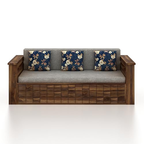 Image of Ganpati Arts Solid Sheesham Wood Diamond 3 Seater Sofa Cum Bed with Storage and Side Pockets for Living Room Wooden Furniture Sofa Bed for Home - Teak Finish 1 Year Warranty