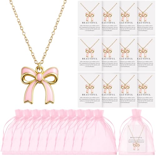 Tondiamo 48 Set Coquette Pink Bow Party Favors Bow Necklace for Women Coquette Bowknot Jewelry Bulk Ribbon Pendant Necklace Gift for Birthday Baby Shower
