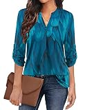 Siddhe Damen Longbluse 3/4 Arm Bluse Festlich Elegant Dreiviertelarm Tunika Shirt Locker Damen Tuniken Blusen Damen Oberteile V-Ausschnitt Langarmshirt Weich Longtunika Freizeit Bluse für Legging XL