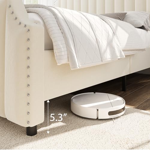 GarveeHome King Size Platform Bed Frame with 50.2 in Headboard, Velvet Upholstered Bed Frame with Vertical Channel Tufted Headboard & Footboard, Nailhead Trim, No Box Spring Needed, Cream by GarveeHome - Image 6