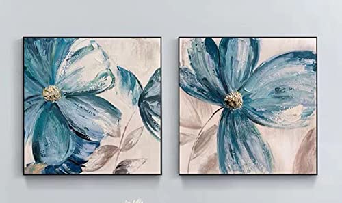 Modern Canvas Wall Art Flower Oil Painting Hand Painted Contemporary Blue Floral Pictures With Black Framed Artwork For Living Room Bedroom Kitchen Decoration 24X24Inch X2Pcs #TOP1