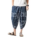 INVACHI Men's Casual Elastic Waist Linen Harem Capri Pants Wide Leg Hippie Baggy Cotton Yoga Trousers A-Navy