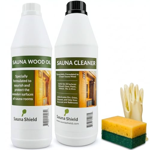 Sauna Shield Sauna Care Set Sauna Wood Oil & Sauna Cleaner (33.8 fl oz each) with Applicator Sponge & Gloves | Protects Cleans & Nourishes Sauna Wood | For Traditional & Infrared Saunas