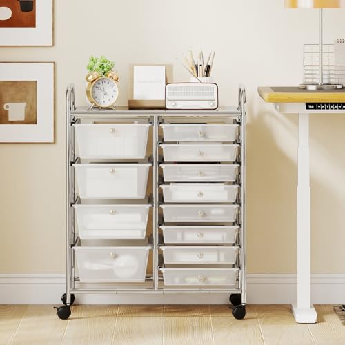 Image of LDAILY 12 Drawer Rolling Storage Cart, Rolling Cart with Drawers for Classroom, Art Supply Craft Organizer on Wheel with Metal Frame & Handles for Home Office School (Clear, 12 Drawer Left-Right)
