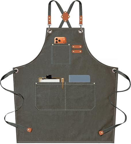 AFUN Chef Apron, Cotton Canvas Cross Back Apron with Adjustable Straps and Large Pockets,M to XXL (Greygreen)